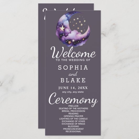 Blauwe en Paarse Halve Maan Trouwprogramma (Voorkant / Achterkant)