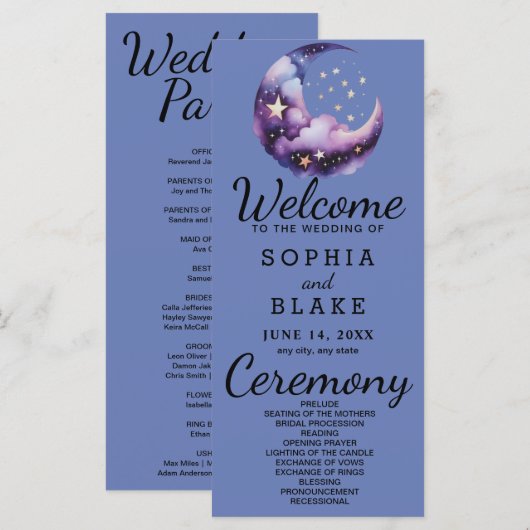 Blauwe en Paarse Halve Maan Trouwprogramma (Voorkant / Achterkant)