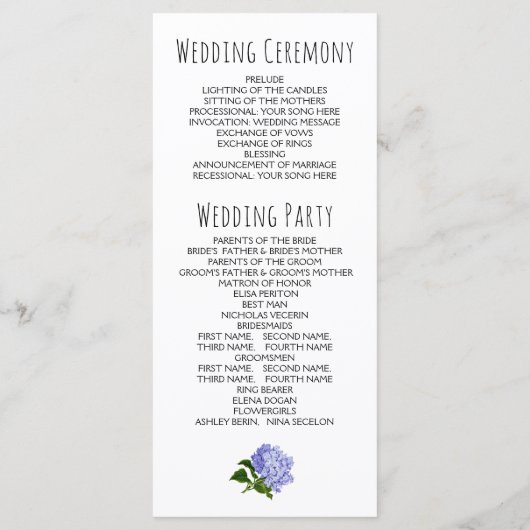 Blauwe en paarse hortensia bloemenhuwelijksprogram programmakaart (Achterkant)