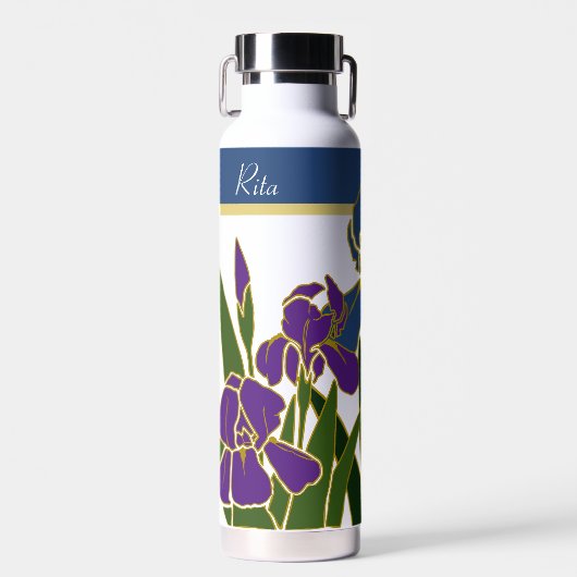Blauwe en Paarse iris met naam Waterfles (Voorkant)