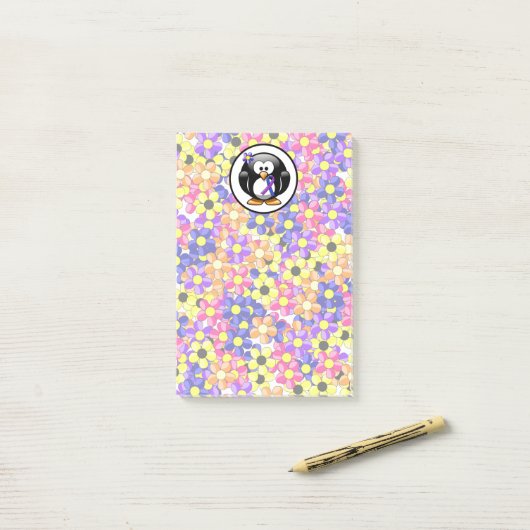 Blauwe en Paarse lint Penguin Post-it® Notes (Op bureau)