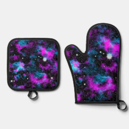 Blauwe en Paarse melkweg Ovenwant & Pannenlap Set