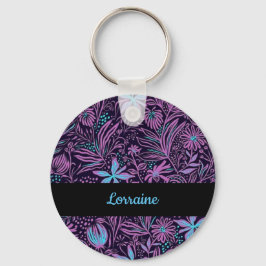 Blauwe en paarse neonbloemen sleutelhanger