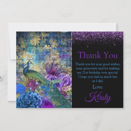 Blauwe en Paarse Peacock Birthday Hartelijk dank Bedankkaart (Voorkant)