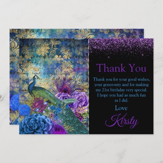  Blauwe en Paarse Peacock Birthday Hartelijk dank Bedankkaart (Voorkant / Achterkant)