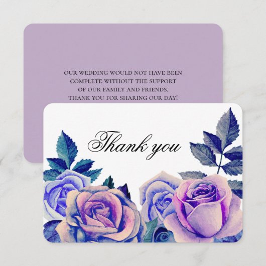 Blauwe en paarse rozen bedankt. Bloemenbruiloft Bedankkaart (Voorkant / Achterkant)