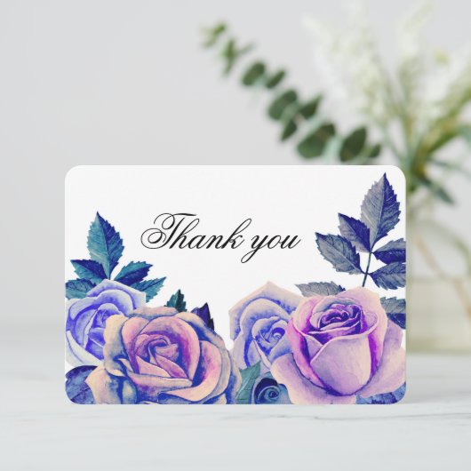 Blauwe en paarse rozen bedankt. Bloemenbruiloft Bedankkaart (Staand voorkant)