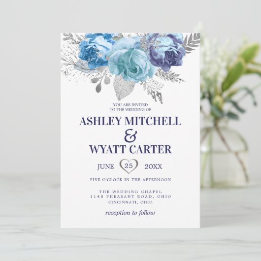 Blauwe en Paarse Rozen bruiloft Kaart (Staand voorkant)