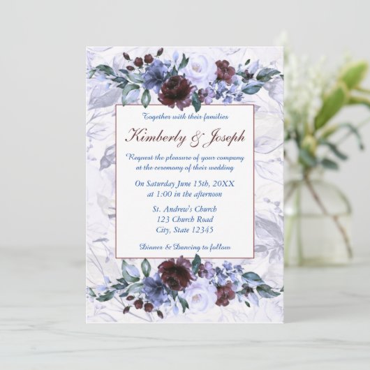 Blauwe en Paarse Rozen bruiloft uitnodiging (Staand voorkant)