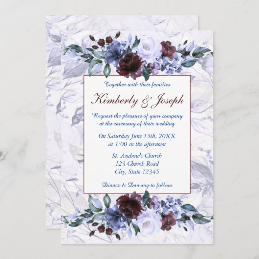 Blauwe en Paarse Rozen bruiloft uitnodiging (Voorkant / Achterkant)