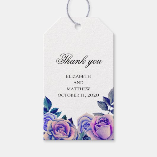 Blauwe en paarse rozen dank je. Huwelijkscadeau la Cadeaulabel (Voorkant)