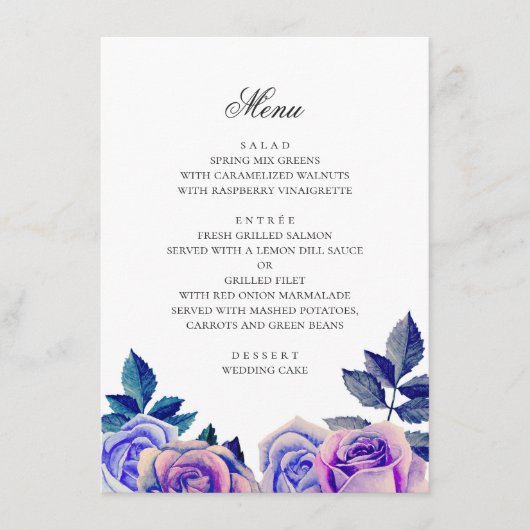 Blauwe en paarse rozen. Waterverf bloemenbruiloft Menu (Voorkant)