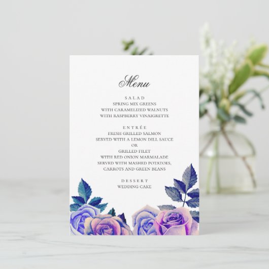 Blauwe en paarse rozen. Waterverf bloemenbruiloft Menu (Staand voorkant)