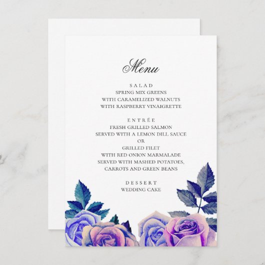 Blauwe en paarse rozen. Waterverf bloemenbruiloft Menu (Voorkant / Achterkant)