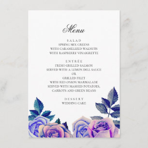 Blauwe en paarse rozen. Waterverf bloemige bruilof Menu