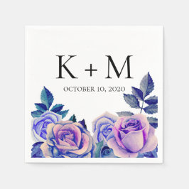 Blauwe en paarse rozen waterverf. Trouwbloemen Servet
