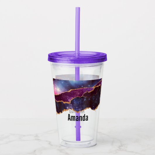 Blauwe en Paarse ruimte en sterren met Gold Ribbon Acryl Drinkbeker (Voorkant)