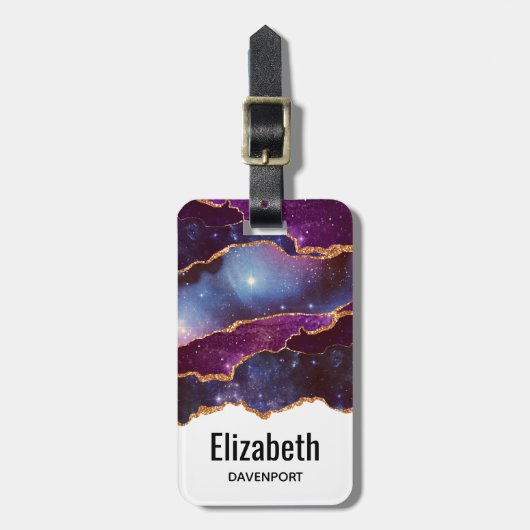 Blauwe en Paarse ruimte en sterren met Gold Ribbon Bagagelabel (Voorkant verticaal)
