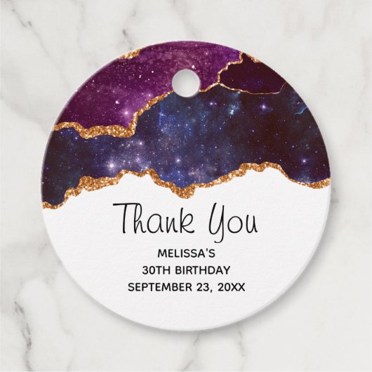 Blauwe en Paarse ruimte en sterren met Gold Ribbon Bedankjes Labels (Voorkant)