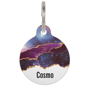 Blauwe en Paarse ruimte en sterren met Gold Ribbon Huisdierpenning