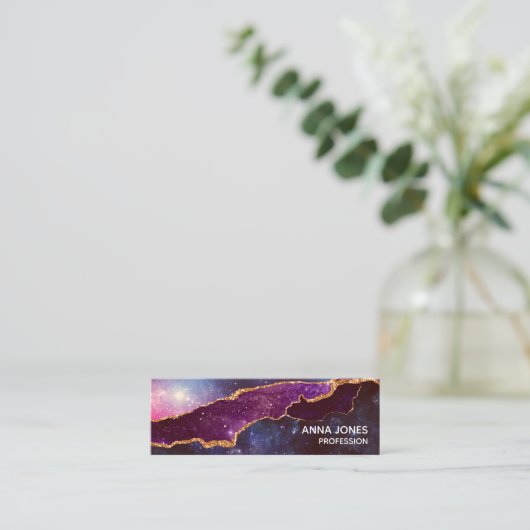 Blauwe en Paarse ruimte en sterren met Gold Ribbon Mini Visitekaartje (Staand voorkant)