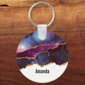 Blauwe en Paarse ruimte en sterren met Gold Ribbon Sleutelhanger (Voorkant)