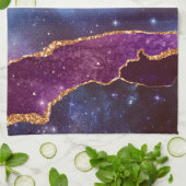 Blauwe en Paarse ruimte en sterren met Gold Ribbon Theedoek (Gevouwen)