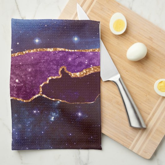 Blauwe en Paarse ruimte en sterren met Gold Ribbon Theedoek (Quarter Fold)