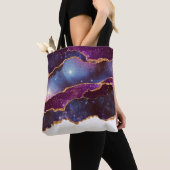 Blauwe en Paarse ruimte en sterren met Gold Ribbon Tote Bag (Dichtbij)
