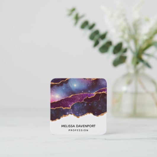 Blauwe en Paarse ruimte en sterren met Gold Ribbon Vierkante Visitekaartje (Staand voorkant)