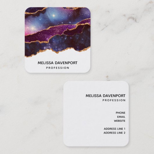 Blauwe en Paarse ruimte en sterren met Gold Ribbon Vierkante Visitekaartje (Voorkant / Achterkant)