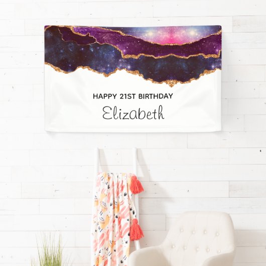 Blauwe en Paarse ruimte en sterren Modern Agate Bi Spandoek (Insitu)