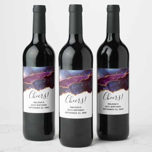 Blauwe en Paarse ruimte en sterren Modern Agate Bi Wijn Etiket (Flessen)