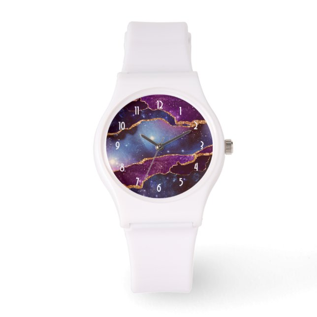 Blauwe en Paarse ruimte en sterren Modern Agate Horloge (Voorkant)