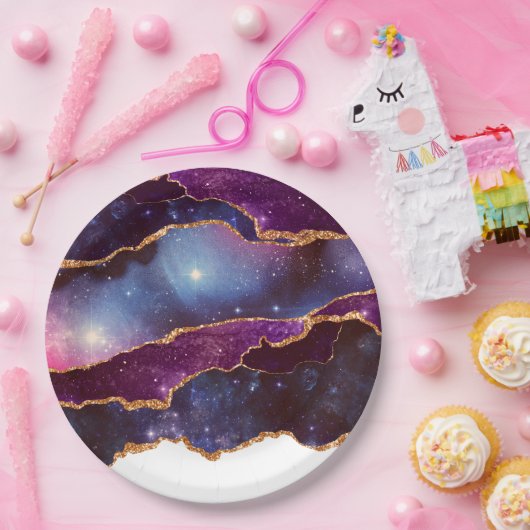 Blauwe en Paarse ruimte en sterren Modern Agate Papieren Bordje (Feest)