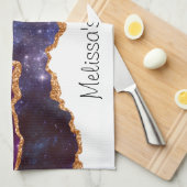 Blauwe en Paarse ruimte en sterren Modern Agate Theedoek (Quarter Fold)