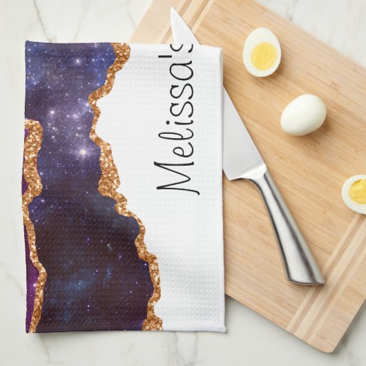 Blauwe en Paarse ruimte en sterren Modern Agate Theedoek (Quarter Fold)