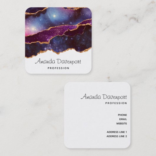 Blauwe en Paarse ruimte en sterren Modern Agate Vierkante Visitekaartje (Voorkant / Achterkant)