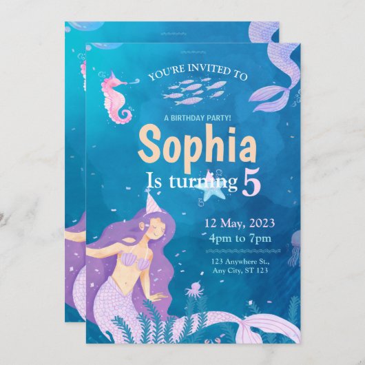 Blauwe en Paarse uitnodiging van de Birthday Party (Voorkant / Achterkant)