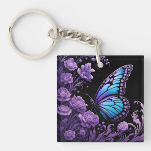 Blauwe en Paarse Vlinder Bloemen Sleutelhanger