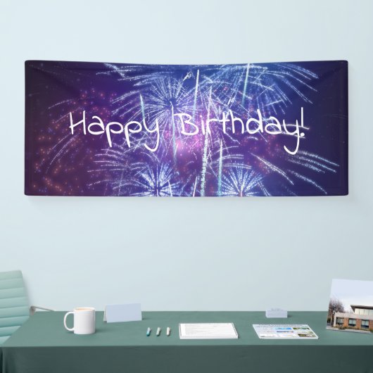 blauwe en paarse vuurwerkverjaardag spandoek (Beurs)