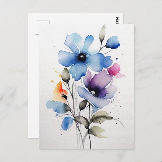 Blauwe en Paarse Waterverf bloemen Briefkaart (Voorkant / Achterkant)