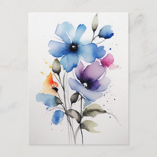 Blauwe en Paarse Waterverf bloemen Briefkaart (Voorkant)