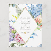 Blauwe en Paarse Waterverf bloemen | Datum opslaan Aankondigingskaart (Voorkant)