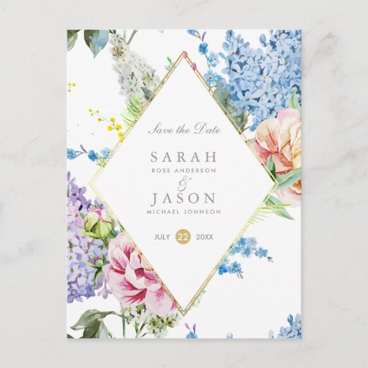 Blauwe en Paarse Waterverf bloemen | Datum opslaan Aankondigingskaart (Voorkant)