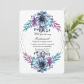 Blauwe en Paarse Waterverf Bloemenbruidsmeisje Kaart (Staand voorkant)