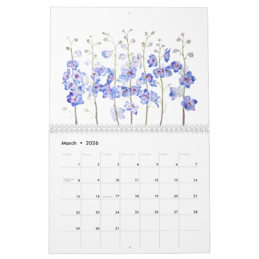 Blauwe en paarse waterverf bloemenkalender 2024 kalender (Mar 2026)
