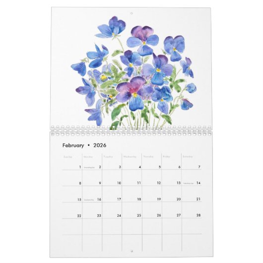 Blauwe en paarse waterverf bloemenkalender 2024 kalender (Feb 2026)
