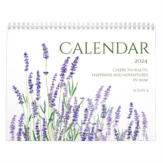 Blauwe en paarse waterverf bloemenkalender 2024 kalender (Hoes)