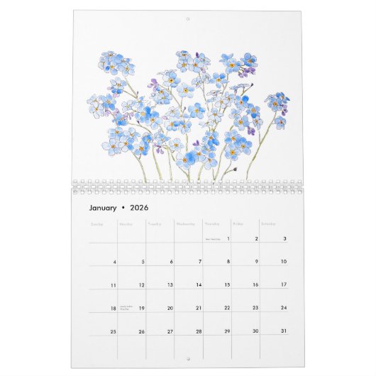 Blauwe en paarse waterverf bloemenkalender 2024 kalender (Jan 2026)